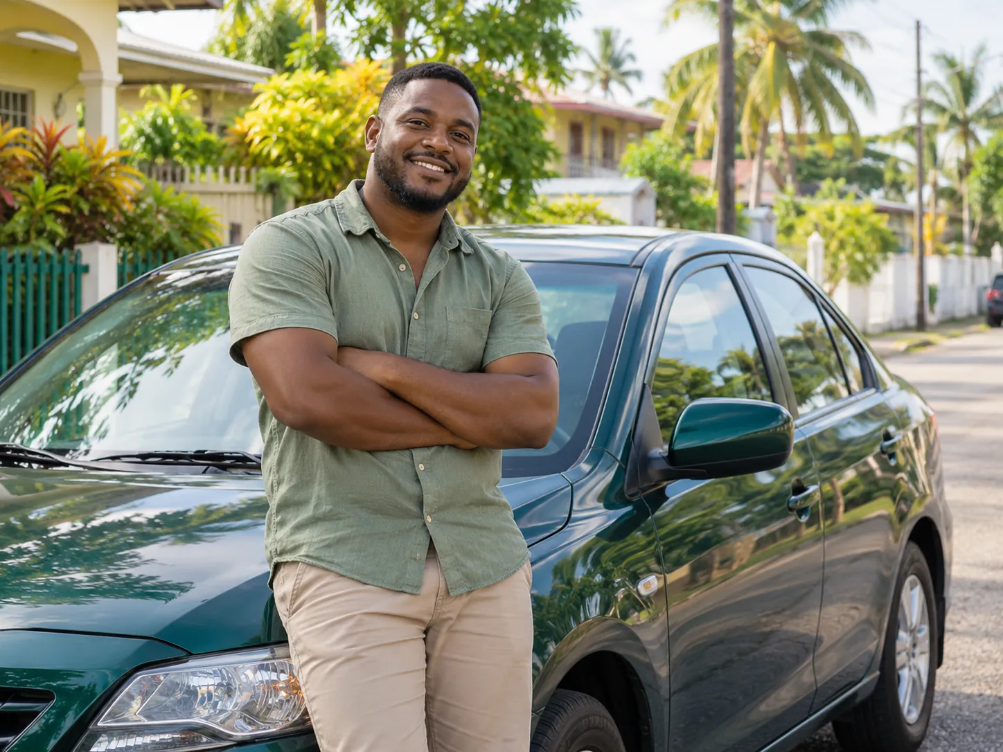 A driver beside a parked green car