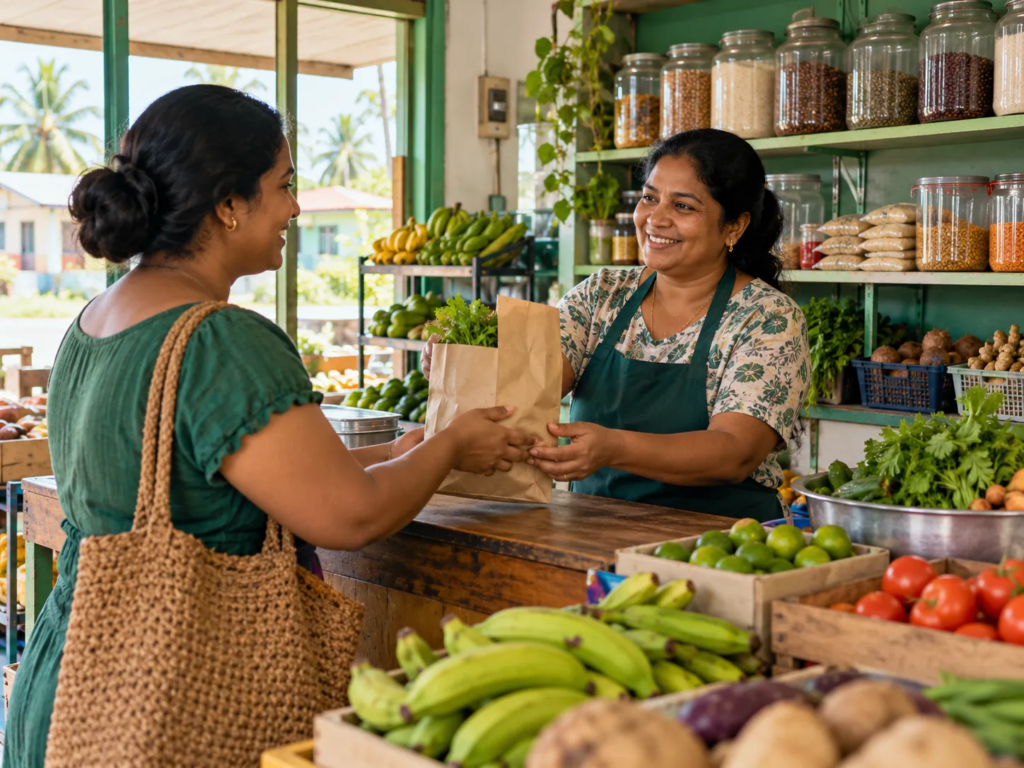 A shopkeeper and customer in a neighbourhood grocery shop